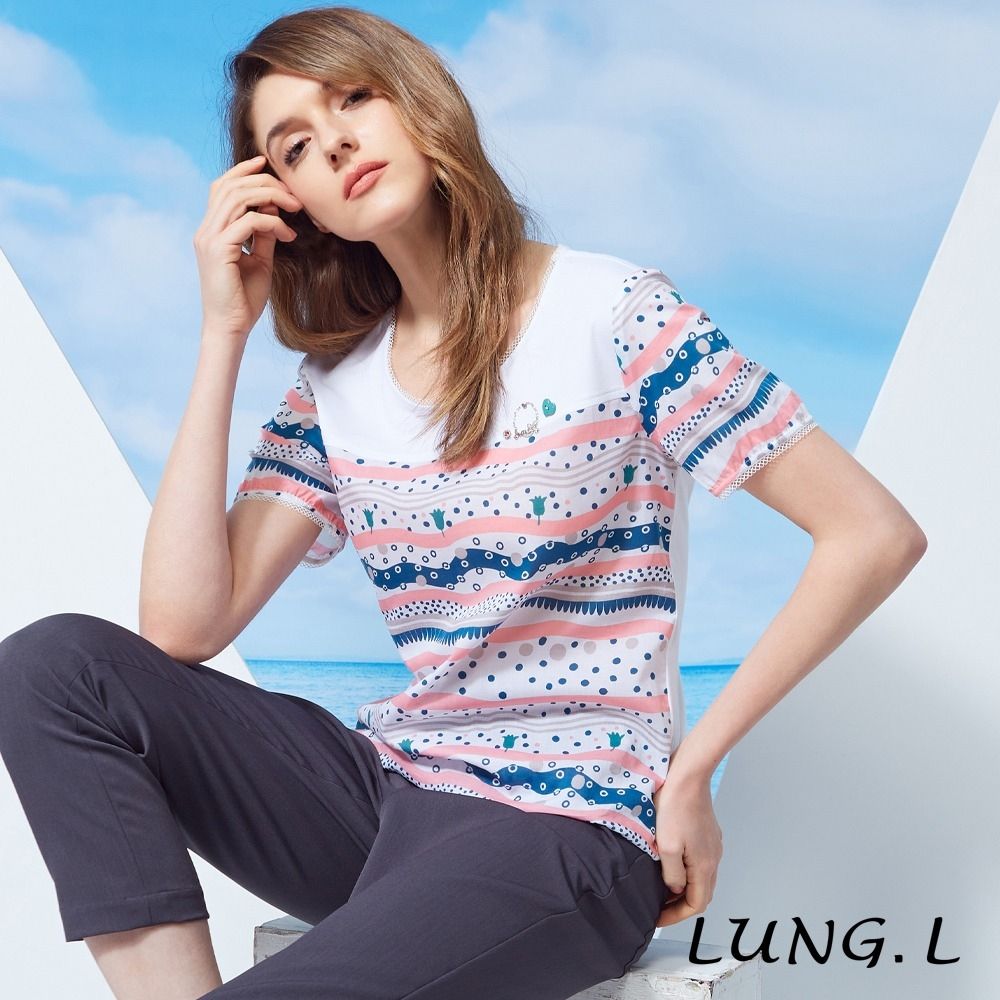 LUNG.L林佳樺 粉色拼色波浪條紋短袖女裝上衣 LU96A
