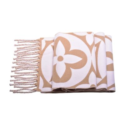 LOUIS VUITTON路易威登 LV M79213經典LV Medallion系列Monogram花卉圖案羊毛流蘇圍巾(玫瑰米黄)