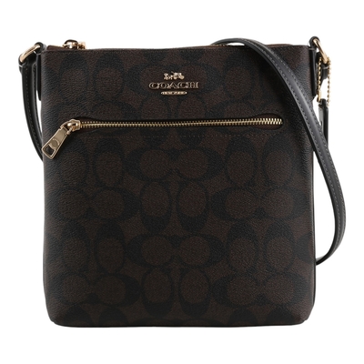 COACH 金馬車防刮滿版LOGO斜背扁包(深咖x黑邊)小款