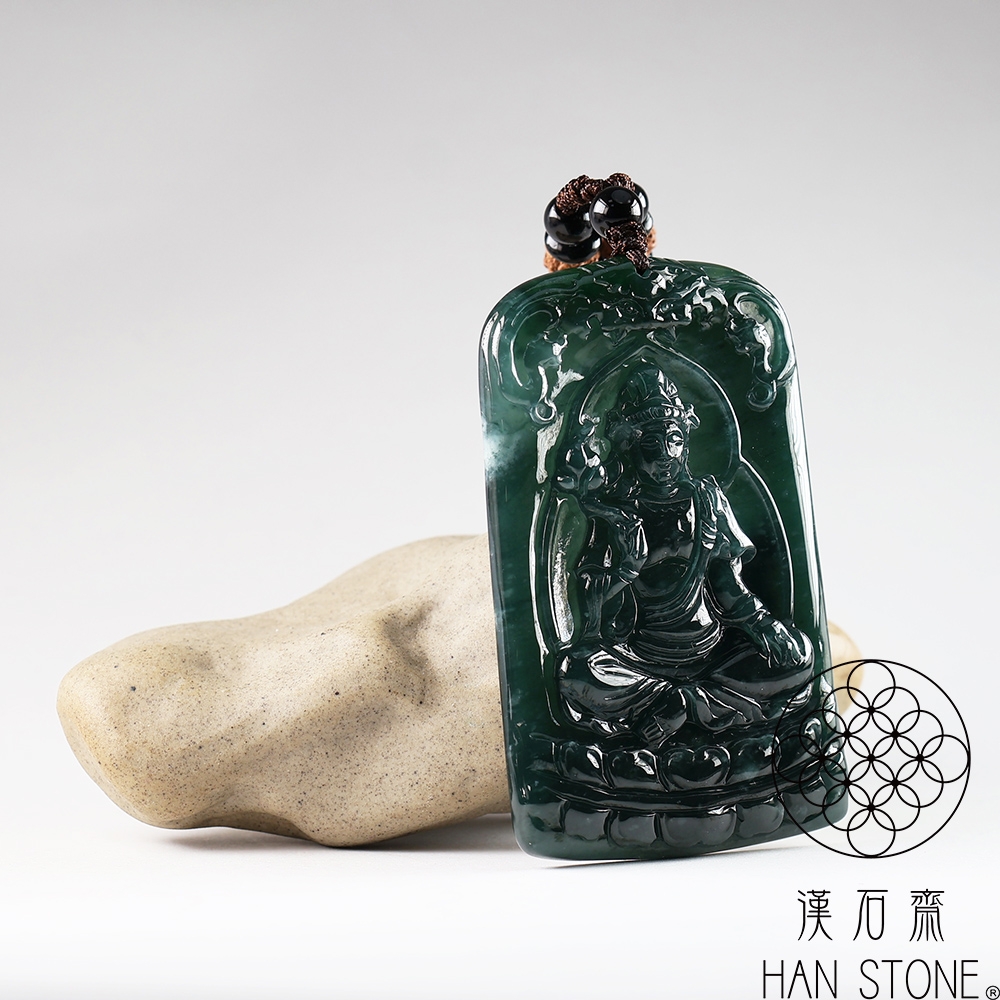 漢石齋】天然翡翠A貨普賢菩薩玉佩吊墜冰種深藍水(43*68*6mm) | 漢石齋