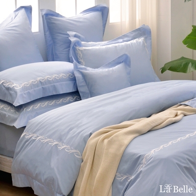 【Great Living格蕾寢飾】義大利La Belle 菤菤蔓草-冰川藍 雙人長絨細棉刺繡四件式被套床包組(共三色)