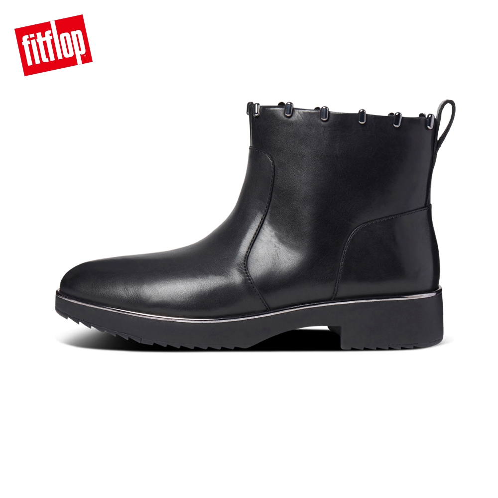 【FitFlop】JACINTA ART STUD ANKLE BOOTS 柔軟皮革拉鍊裸靴-女(靚黑色) (靚黑色)