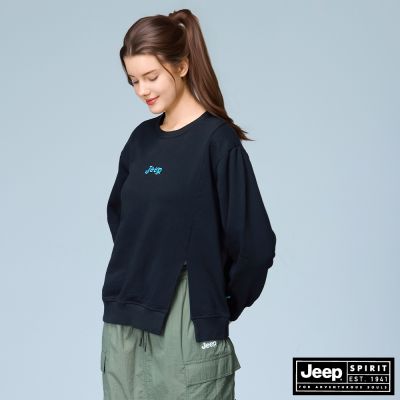 JEEP 女裝 跳色LOGO長袖開衩大學T-黑色