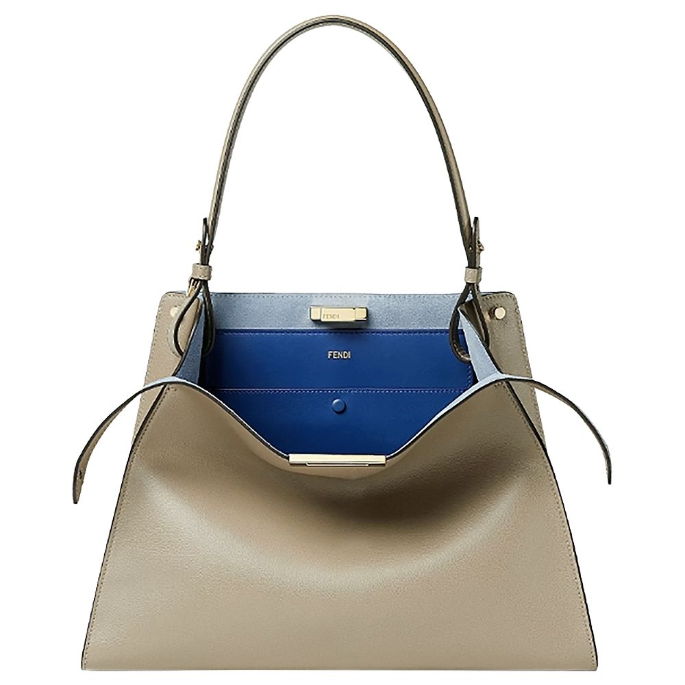 FENDI 芬迪 Way 中款 經典牛角鎖釦 撞色小牛皮手提 肩背包(灰色)