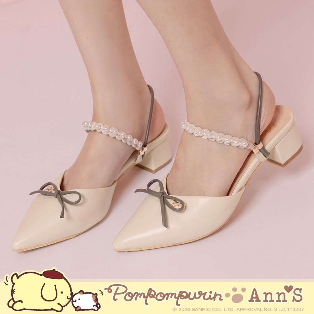 Ann’S X Sanrio三麗鷗 布丁狗聯名 優雅蝴蝶結雙色 兩穿尖頭穆勒跟鞋4cm-杏