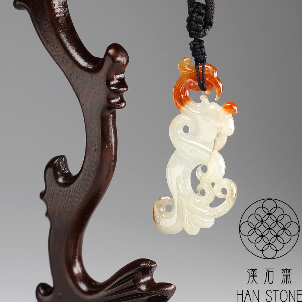 美品‼️天然本翡翠 レア、紅白玉肉【浴火鳳凰・富貴牡丹】彫刻 