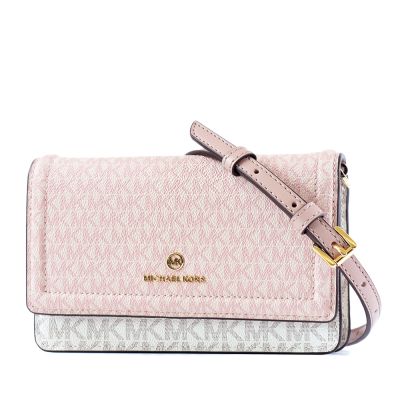 MICHAEL KORS 專櫃款 緹花LOGO翻蓋釦式斜背WOC包-芭蕾粉