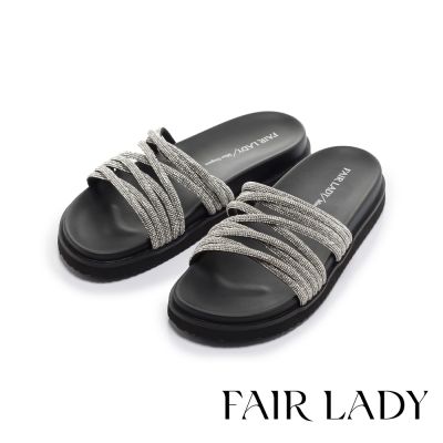 FAIR LADY 優雅小姐 時尚交錯碎鑽質感拖鞋 閃耀黑 (1A3200)