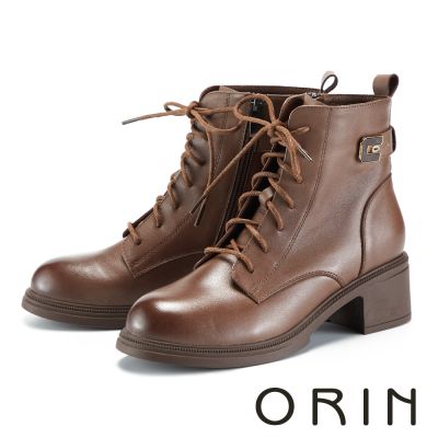 ORIN 復古蠟感牛皮綁帶粗跟短靴 棕色