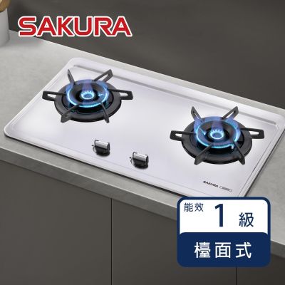 SAKURA櫻花牌 櫻花牌 G2922S（NG1）｜檯面式雙口瓦斯爐｜雙炫火｜平整不鏽鋼｜雙層防湯盤｜鑄鐵爐架｜天然瓦斯
