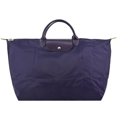 LONGCHAMP LE PLIAGE GREEN系列刺繡短把再生尼龍摺疊旅行袋(大/藍莓)