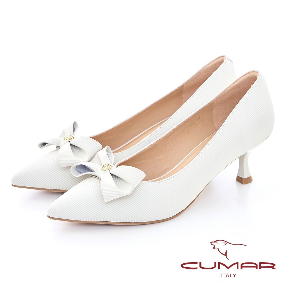 【CUMAR】立體蝴蝶結高跟鞋-米白色