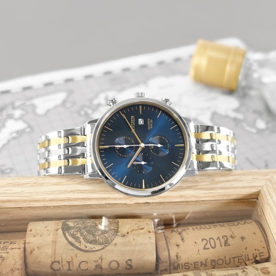 CITIZEN 星辰錶 / AN3614-54L / 經典商務 三眼計時 日期 礦石強化玻璃 日本機芯 不鏽鋼手錶-藍x鍍金/41mm