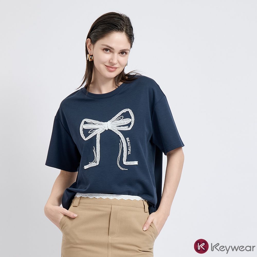 KeyWear奇威名品    甜美減齡蝴蝶結短袖上衣(共3色)-藍色