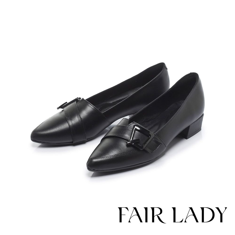 FAIR LADY 芯太軟 飾釦剪裁尖頭低跟樂福鞋 黑 (6M3059)