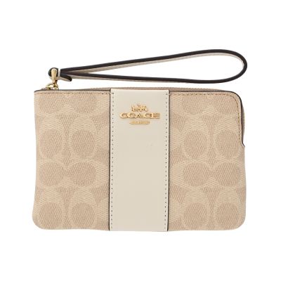 COACH C Logo PVC拼接皮革掛帶L型拉鍊萬用手拿包(沙色/粉筆白)