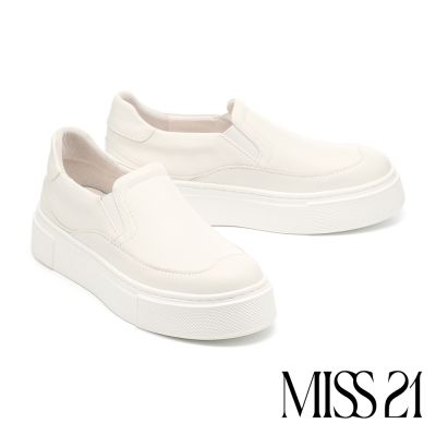 休閒鞋 MISS 21 舒適百搭純色全真皮懶人厚底休閒鞋－白