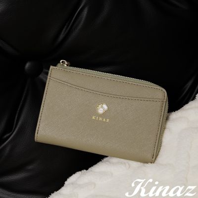KINAZ 牛皮奶油寶石L型拉鍊卡片零錢包-甜漬橄欖-奶油寶石系列