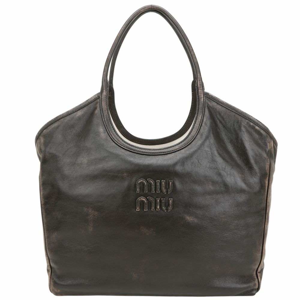 miu miu IVY 大型 字母復古納帕羊皮肩背托特包(咖啡棕)