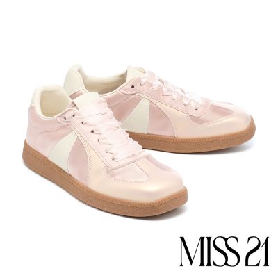 休閒鞋 MISS 21 小清新亮感牛皮撞色拼接綁帶厚底休閒鞋－粉