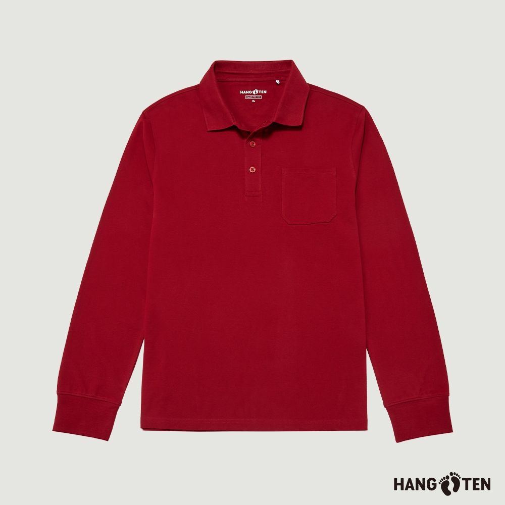 Hang Ten-男裝-經典口袋長袖POLO衫-酒紅