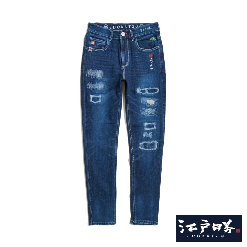 江戶勝 男裝 貼布經典直筒牛仔褲-中古藍