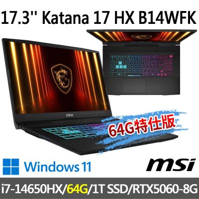 MSI微星 Katana 17 HX B14WFK-203TW 17.3吋 電競筆電 (i7-14650HX/64G/1T SSD/RTX5060-8G/Win11-64G特仕版)