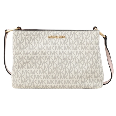 MICHAEL KORS TRISHA金屬LOGO滿版印花三層拉鍊斜揹包(白/粉)