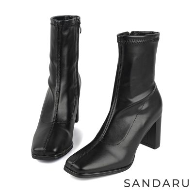 山打努SANDARU-短靴 俐落方頭車線粗跟中高跟瘦瘦靴-黑