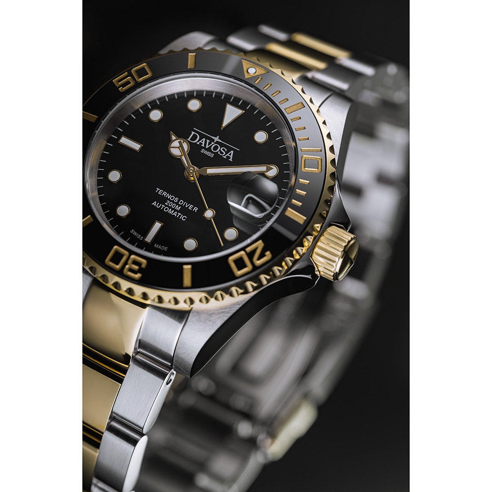 DAVOSA 161.555.30 半金黑水鬼陶瓷圈18K金專業200M潛水錶\專業潛水鋼帶