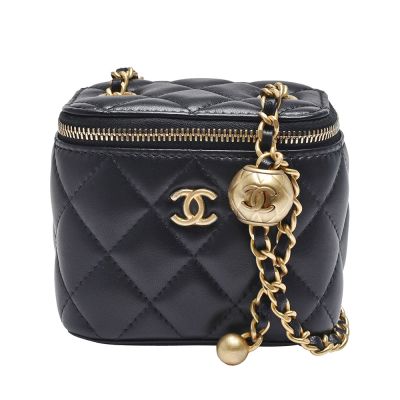 CHANEL香奈兒 CHANEL 經典雙C LOGO小金球菱格小羊皮拉鍊斜背小方包(黑)