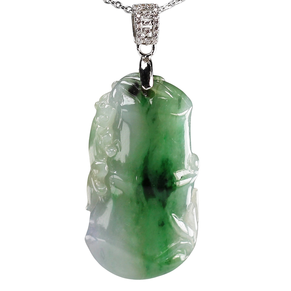 漢石齋】天然A貨春帶彩種飄花翡翠竹節瑞獸玉珮吊墜(21*39*7mm) | 漢石