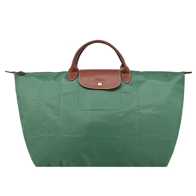 LONGCHAMP LE PLIAGE系列短把再生尼龍摺疊水餃旅行袋(大/鼠尾草綠)