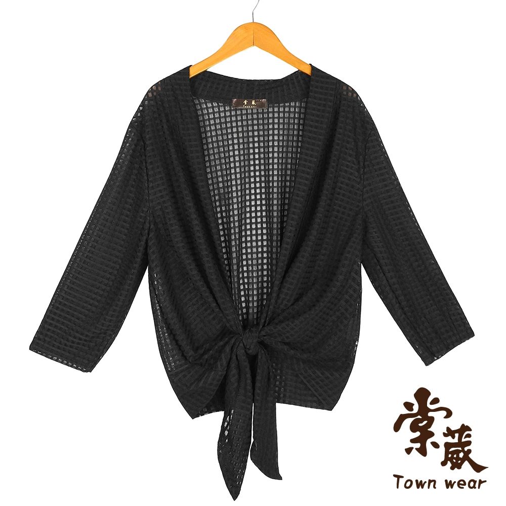 【TOWNWEAR棠葳】格紋透膚綁結罩衫 2色(中大尺碼/女上衣/女上著/素色/外套/小外套/七分袖/涼感) (黑色系)