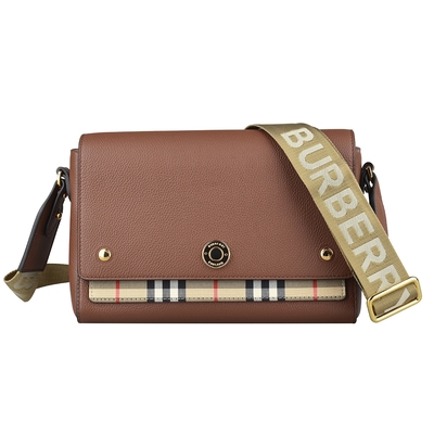 BURBERRY 巴寶莉 NOTE系列經典格紋拼接牛皮斜背包(中/棕x米格紋)