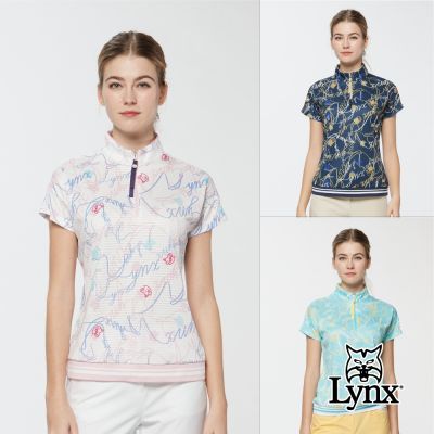 【Lynx Golf】女款吸濕排汗凸格子可愛貓印花半開襟短袖POLO衫(三色)