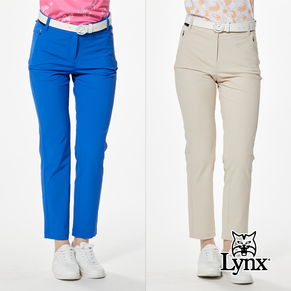 【Lynx Golf】女款吸濕排汗四面彈性剪接壓紋織帶後腰LOGO印花造型隱形拉鍊口袋窄管九分褲(二色) (寶藍色)