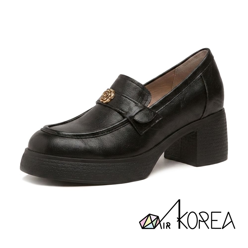 AIRKOREA 真皮復古山茶花粗跟樂福鞋-增高10cm-黑