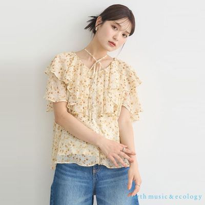 〚earth music〛素面/碎花圖案荷葉摺邊短袖上衣