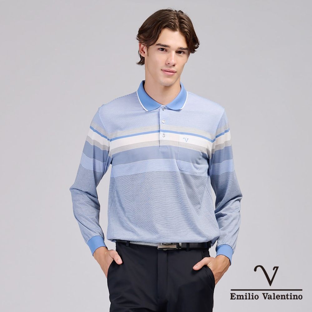 Emilio Valentino 范倫鐵諾 男 長袖POLO衫 精梳棉 舒適透氣 口袋 上衣 薄長袖 新品 台灣製造_水藍/灰/白(21-6V0852)