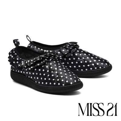 厚底鞋 MISS 21 率性俏皮雙層荷葉邊波點布厚底鞋－黑