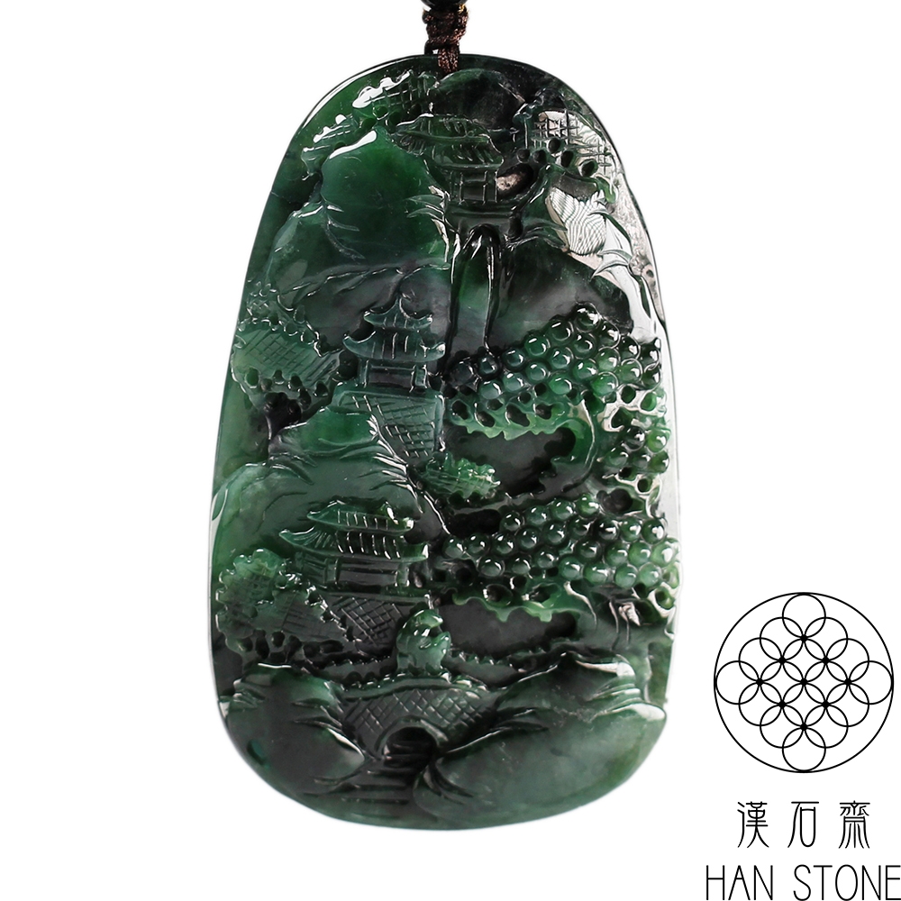 漢石齋】天然A貨花青種翡翠大山水玉佩吊墜(48*80*10mm) | 漢石齋