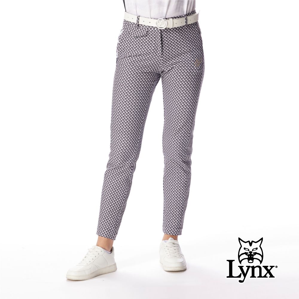 【Lynx Golf】女款吸濕排汗四面彈性格紋山貓千鳥花紋九分褲設計窄管長褲(二色) (黑色)