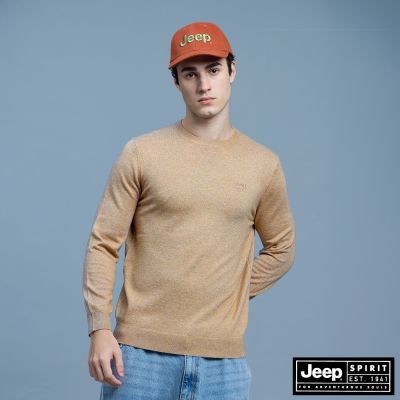 JEEP 男裝 品牌LOGO刺繡長袖線衫-淺卡其色
