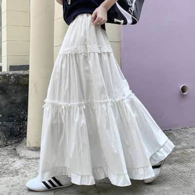 La Belleza甜美素色鬆緊腰蕾絲滾邊拼接緞帶小蝴蝶結蛋糕長裙大擺長裙