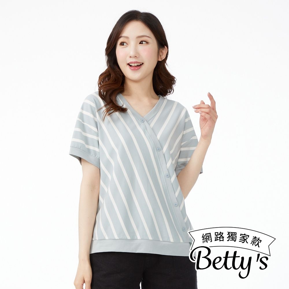 betty’s網路款　斜條紋V領裝飾扣上衣(共四色) (淺綠)