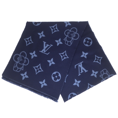 LOUIS VUITTON路易威登 LV M77129 Monogram Vivienne 深藍/淺藍雙色老花繡花披圍巾