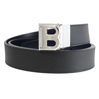 BALLY BISING 經典B LOGO穿釦式牛皮雙麵皮帶(黑/深藍)