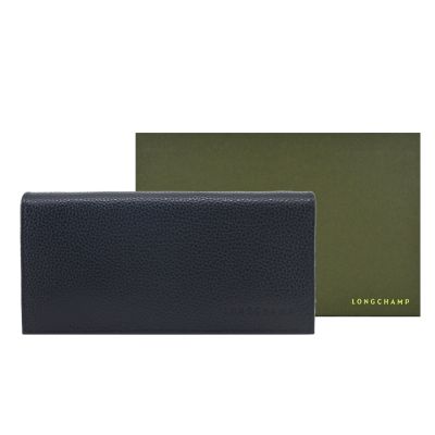 LONGCHAMP LE FOULONNÉ系列牛皮簡約翻蓋14卡壓釦長夾(黑)