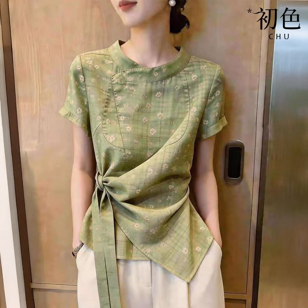 初色 法式碎花印花不規則綁帶圓領短袖上衣女上衣-綠色-52550(M-2XL可選)